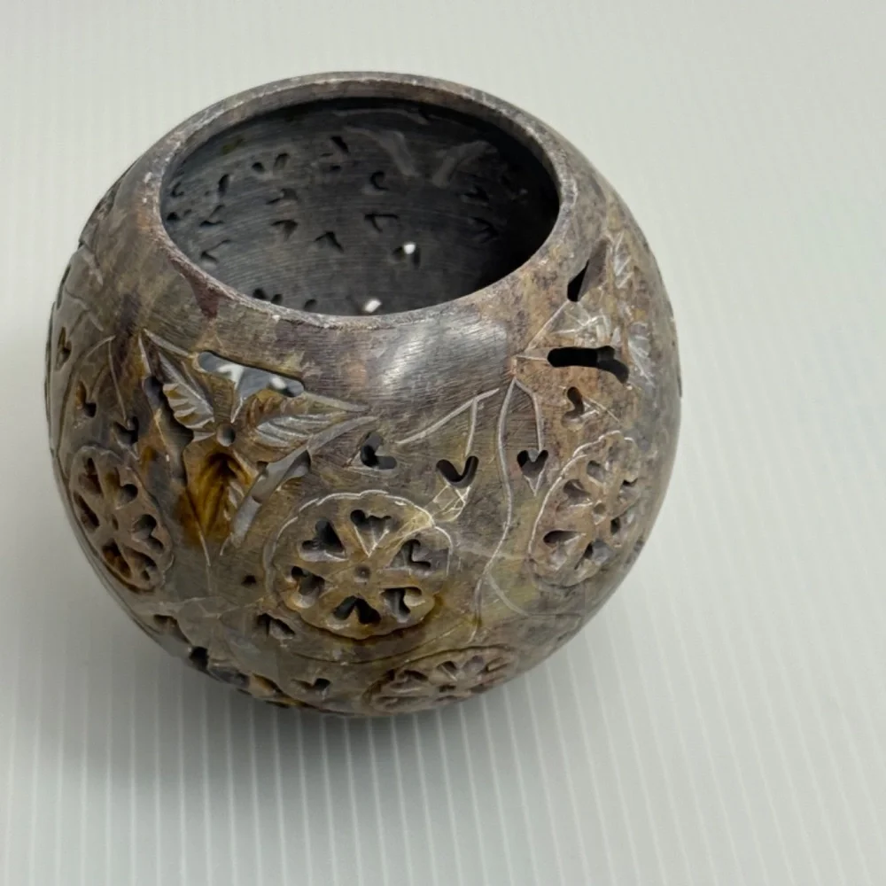 Hand Carved Soap Stone Tea light/Incense holder Orb/Sphere‎ with Base Tribal